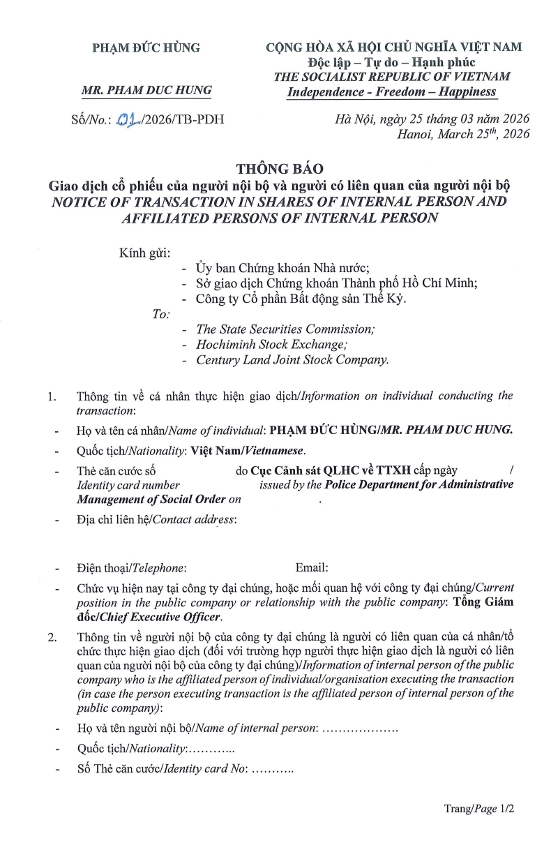 Th&ocirc;ng b&aacute;o giao dịch cổ phiếu của người nội bộ - &ocirc;ng Phạm Đức H&ugrave;ng